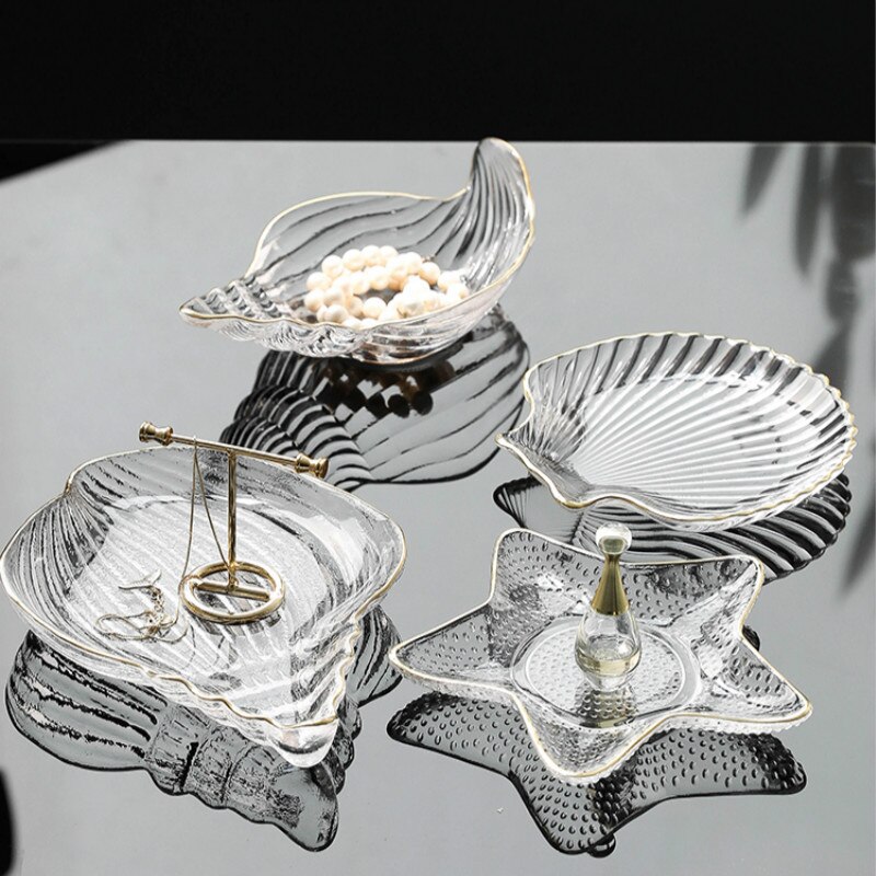 Schmuck Glas Platten und Schalen einstellen mit Glod Rand nordisch Ozean Nachtisch Obst Platte Schmuck Ablage Dekorative Schmuckstück Gericht