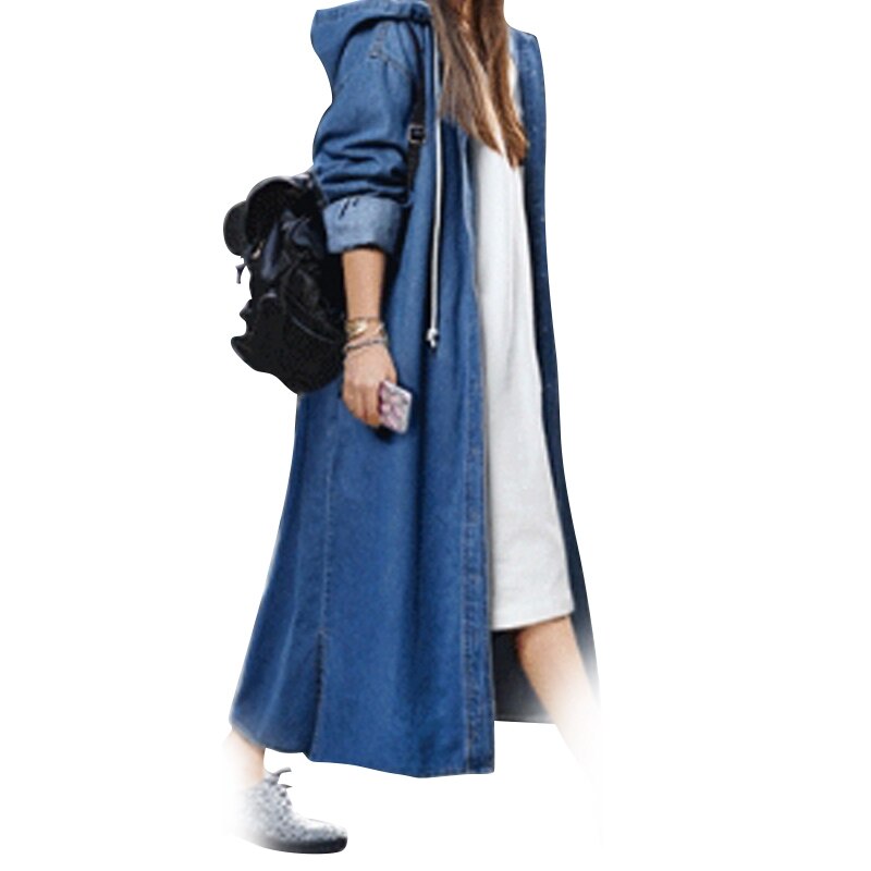 Frauen verlieren Lange Hülse Mit Kapuze Denim Jacke Mantel Damen lässig Tasten Lange Jean Mantel Strickjacke Outwear Spitzen