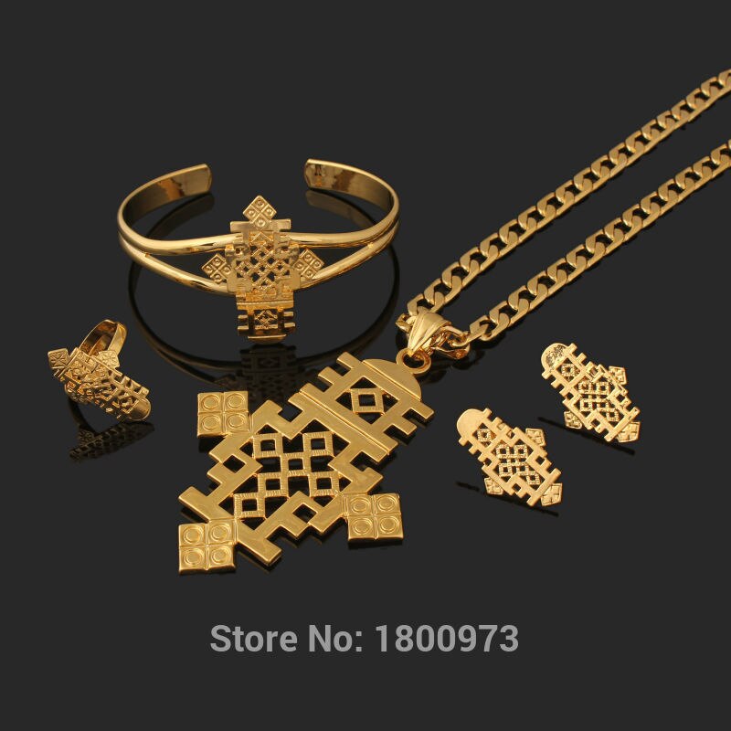 Neueste Große Größe Ethiopian Kreuz Habesha schmuck setzt 22 karat Gold Farbe Kreuz setzt Afrikanischen Hochzeit Schmuck setzt