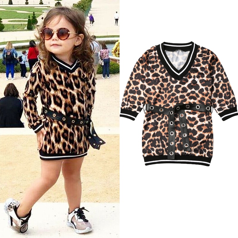 1-6Y Nette Kleinkind Baby Mädchen Kleid Herbst Leopard drucken Langarm Gürtel Party Gerade Kleid lässig Kleidung