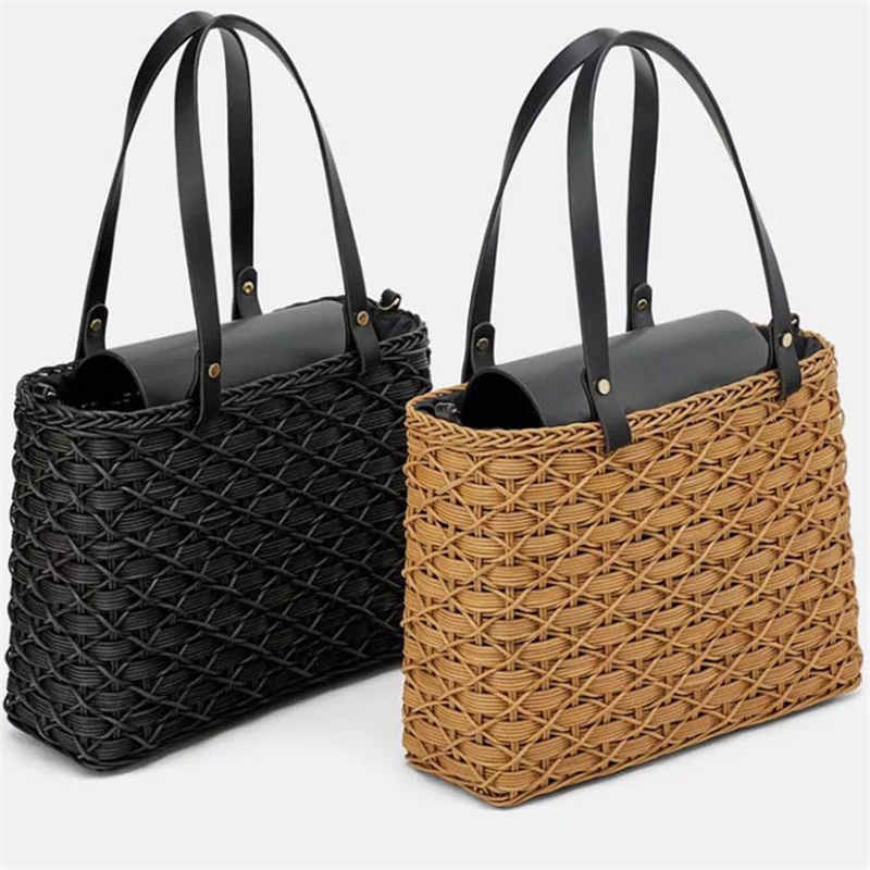 Neue schwarz kamel stroh tasche natürlichen rattan schulter tasche Strand handtaschen weben handarbeit crossbody-tasche