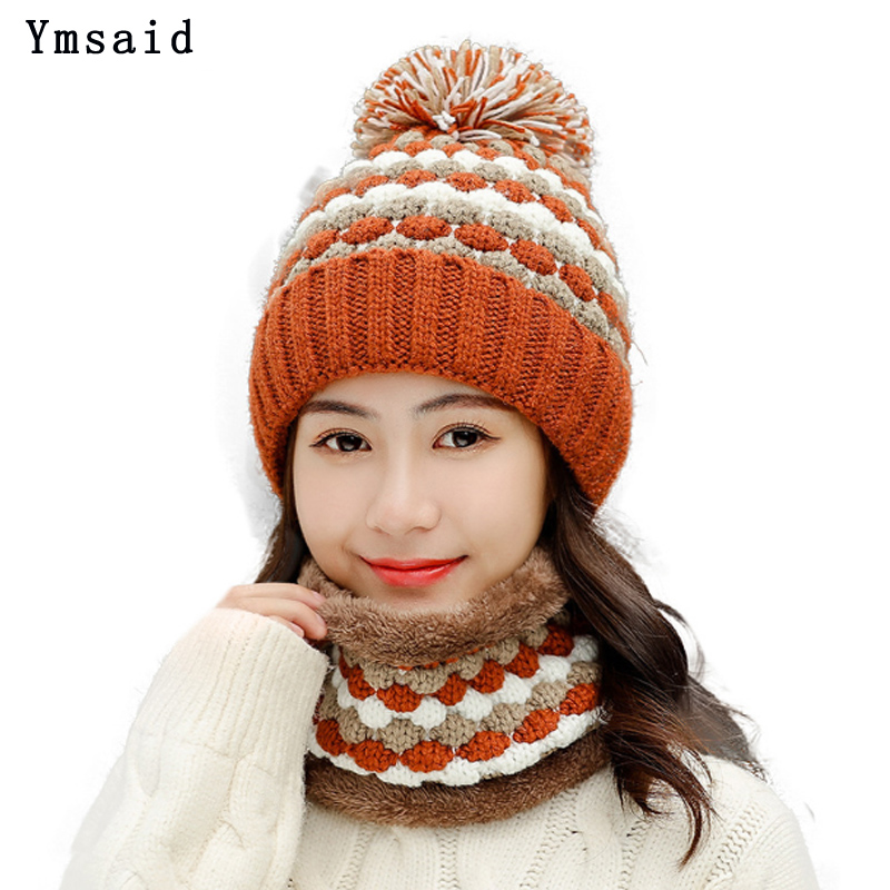 Neue Winter frauen Ski Kappe Hütte Schal einstellen Gestrickte Warme Mützen Mit Drei Bommel Ball Weibliche Sturmhaube Wolle Verdicken Hütte Schal einstellen