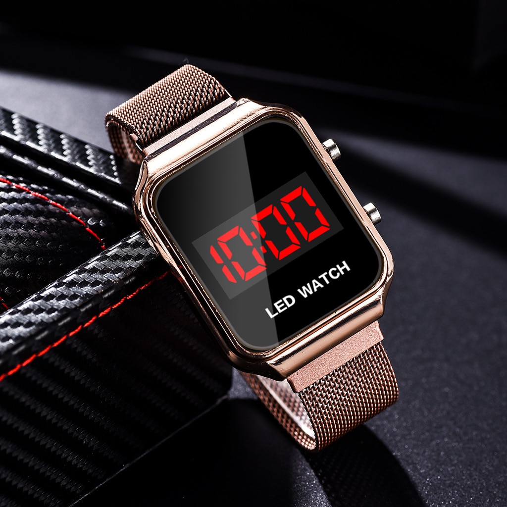 männer LED Digital Uhren Männer Rose Gold Edelstahl Gittergewebe Band Elektronische Uhren Magnetische Schnalle Rechteck Herren Uhren