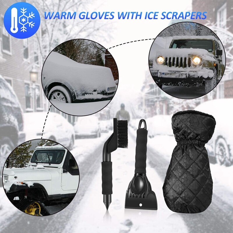 Eis Schaber Handschuhe Wasserdichte Schnee Entferner Windschutzscheibe Schnee Schaber Handschuhe mit Dicken Vlies Gefüttert, Schnee Pinsel, 3 Stck