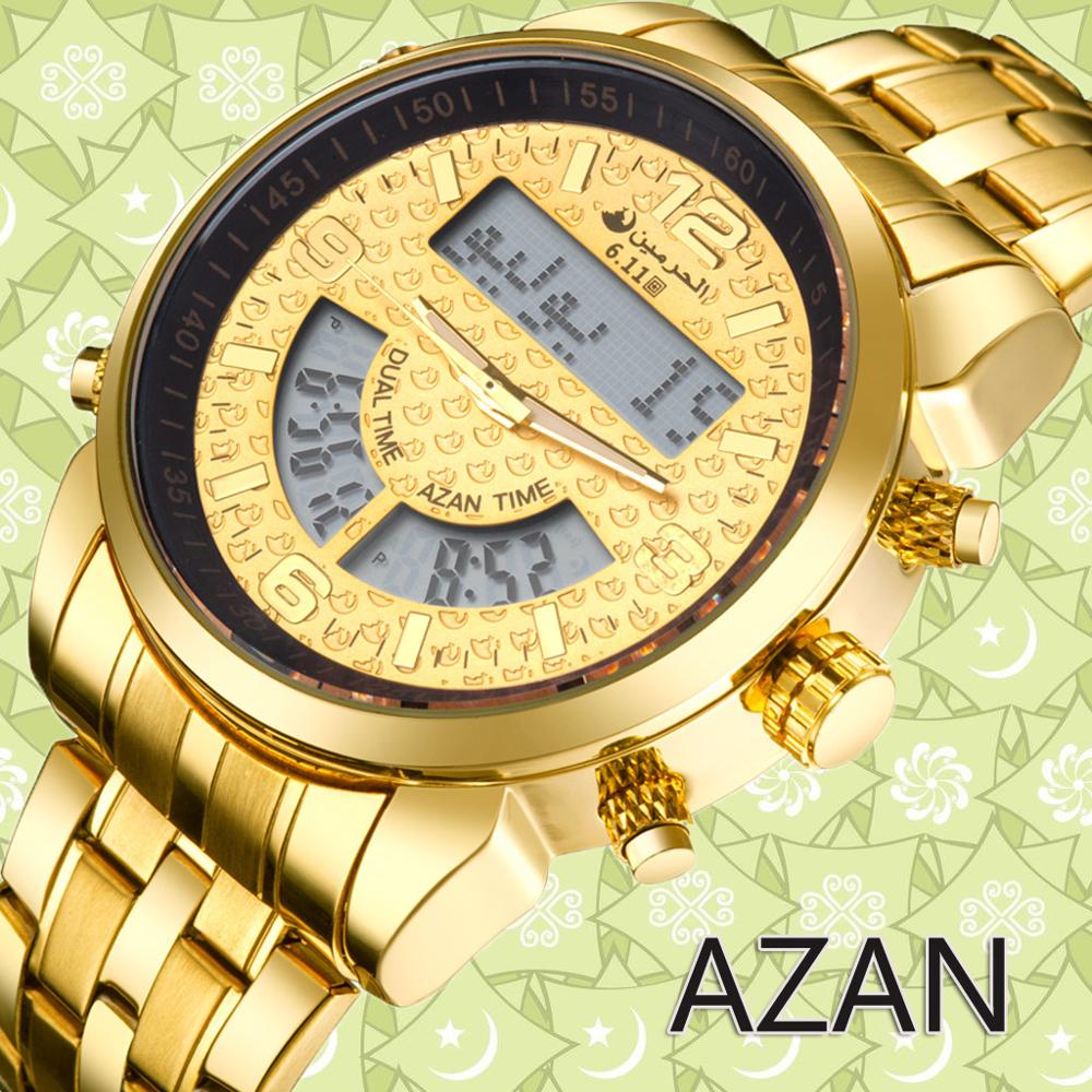 6,11 Herren Neue Hochwertige Edelstahl Zurück Licht LED Digital Uhr Dual Zeit Azan Uhr Männer 3 Farben Freies