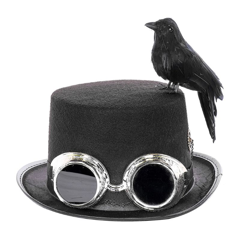 Karneval retro gotisch oben Hütte Steampunk Cosplay Schwarz Jazz Kappe mit Krähe Brille 40JF