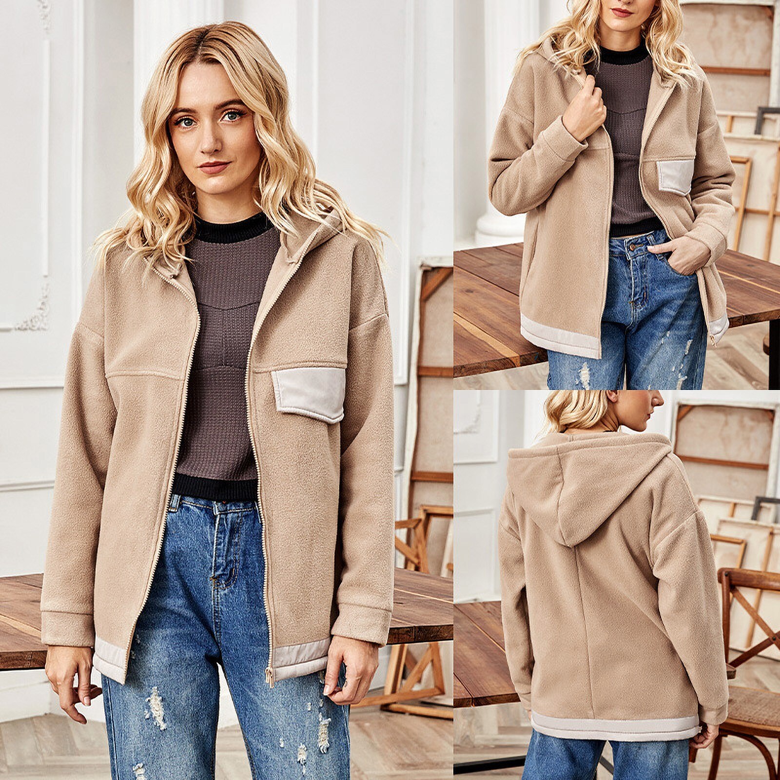 Mit kapuze verlieren Reißverschluss Frauen Patchwork Tasche Strickjacke Plüsch oben Mantel Beheizte Jacke Jacken Damen Winter Jacke Frauen