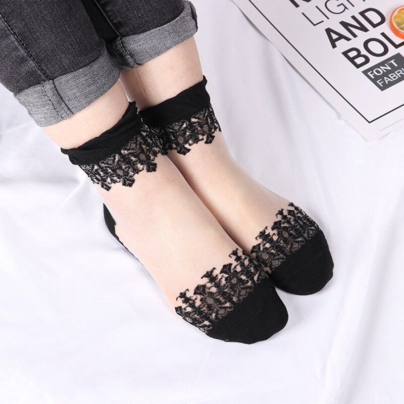 Erstaunlich Sommer Ultradünne Socken Transparente Kristall Seide Spitze socke Elastische Kurze Mädchen Sox 2 Paare frauen Socken Gittergewebe Sox