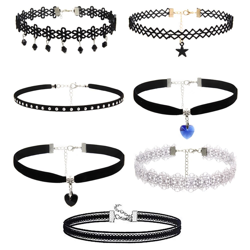 7 Pc Frauen Schwarz Seil Halsband Halskette einstellen strecken Samt Klassische gotisch Spitze Halsband Kette Collier Colar Ожерелье # w5
