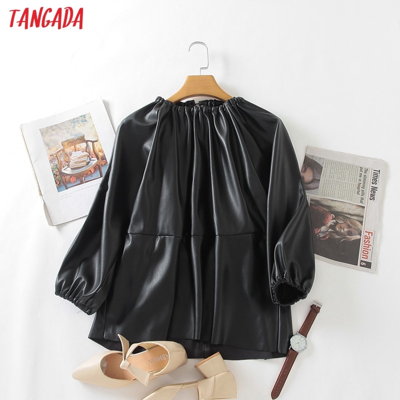Tangada frauen übergroßen Patchwork pu leder hemd zurück Geschmack schick weibliche beiläufige verlieren Spitzen blusas 3W206