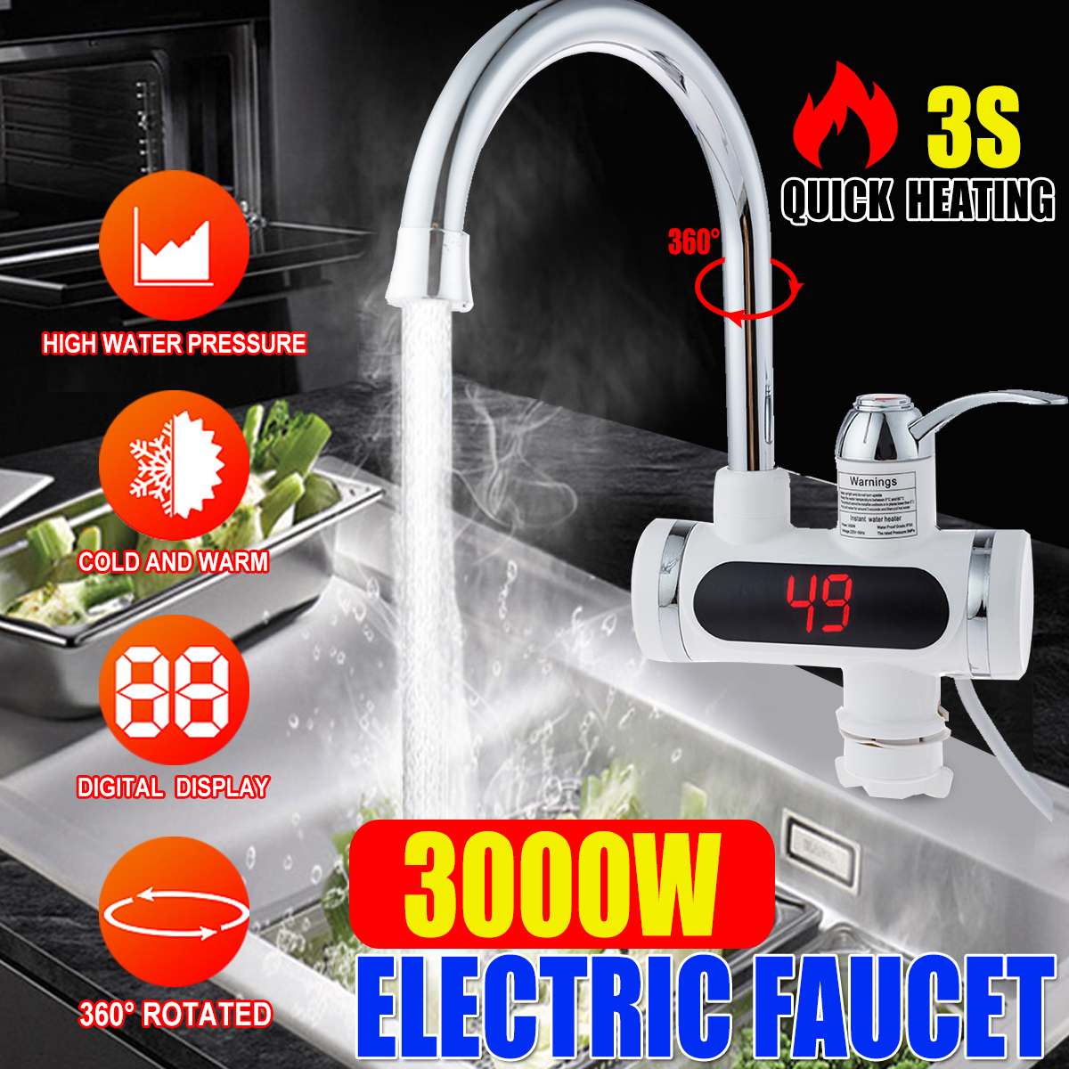 3000W 220V Elektrische Wasserhahn klopfen Heißer Wasser Heizung 360 Grad Drehung sofortig Heißer Wasser Heizung LED-anzeige Schlecht küche