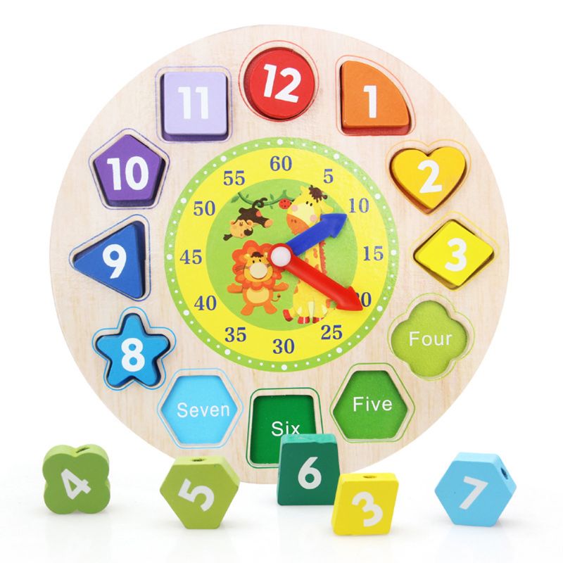 Holz Lehre Uhr Uhr Puzzle Spielzeug Holz Pädagogisches Spielzeug mit Zahlen und Formen Sortierung Blöcke