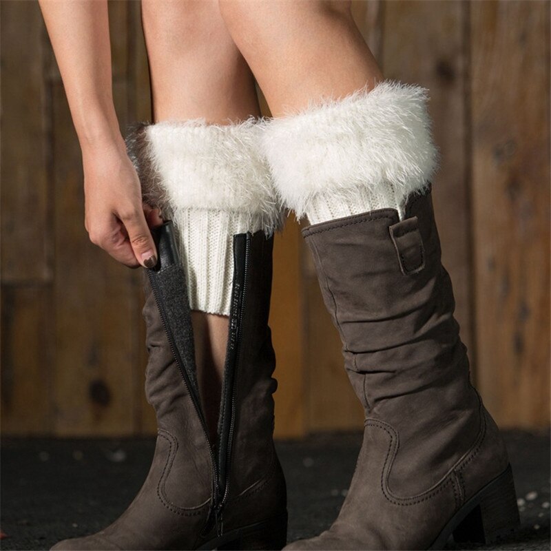 Herbst Winter Beiläufigen Frauen Strick Stiefel Manschetten Pelz betroffen Warme Bein Wärmer Häkeln betroffen ist hingefallen trimmen Bein Stiefel Socken Deckel weihnachten