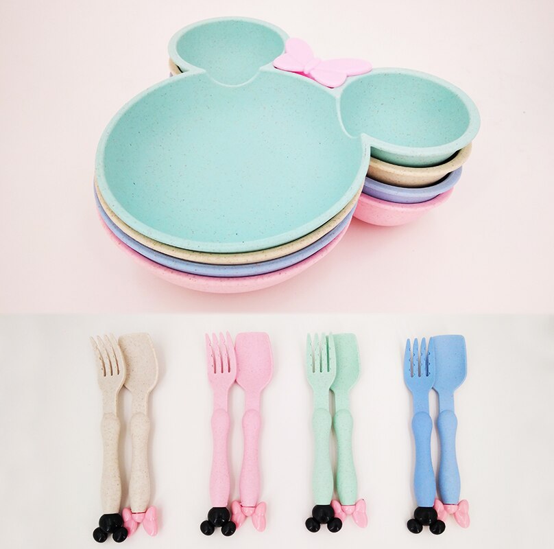 Baby Schüssel Baby Platte Löffel-Gabel Geschirr-einstellen Stroh-Schüssel Weizen Abendessen-Platte Baby freundlicher freundlicher Karikatur Baby Ausbildung Schüssel Löffel