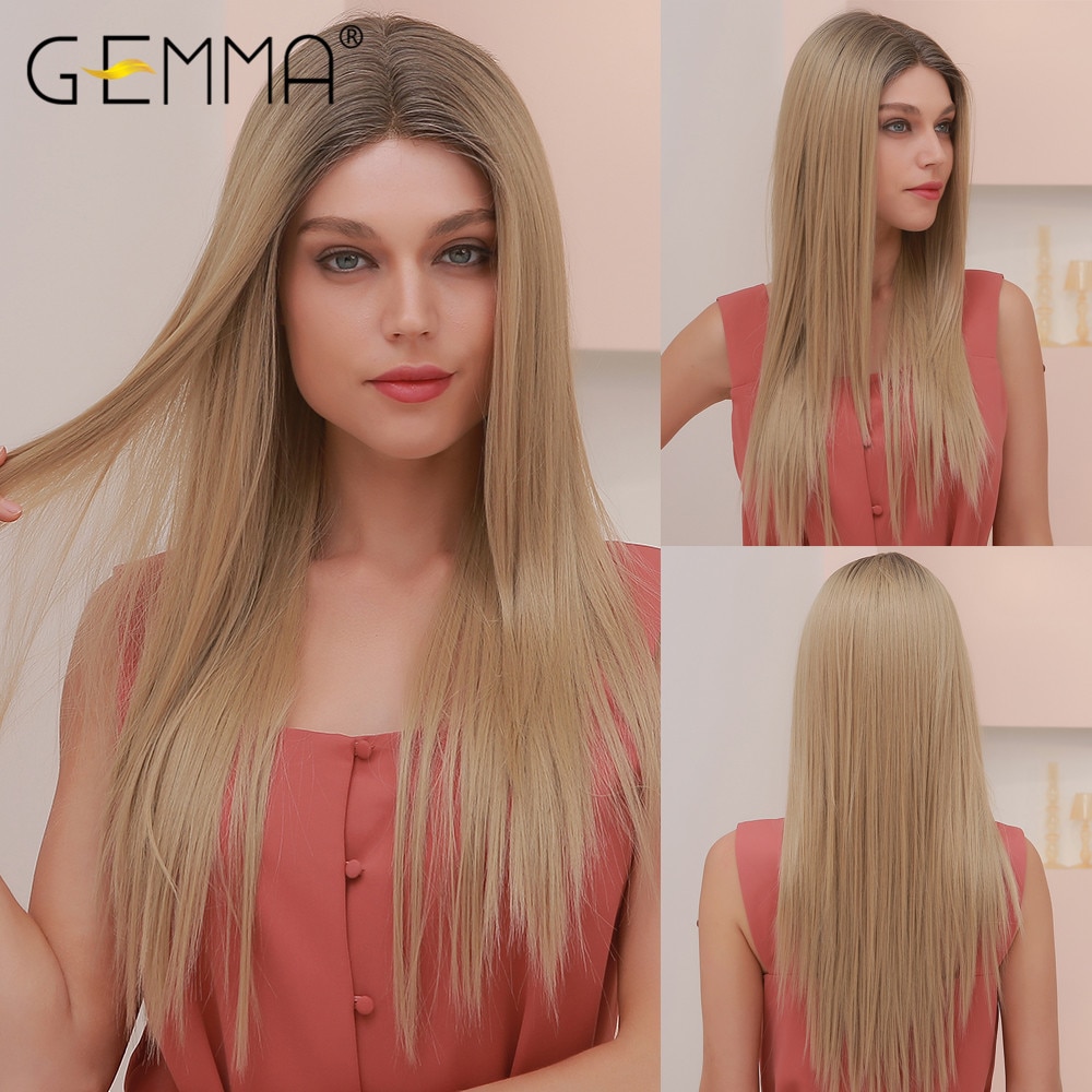GEMMA Ombre Schwarz Braun Honig Synthetische Spitze Teil Perücken für Schwarze Frauen Mittleren Teil Lange Gerade Spitze Perücke Hitze Beständig faser