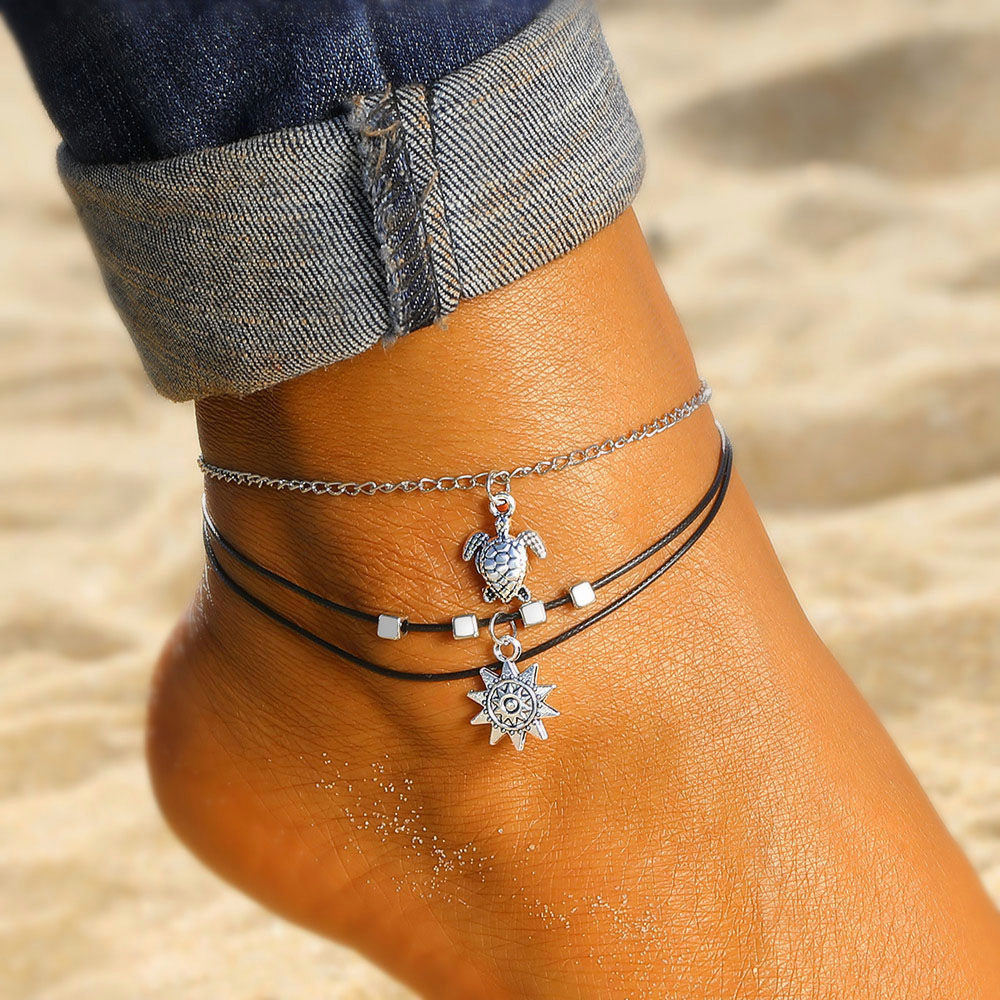Jahrgang Multi geschichtet Schildkröte Anhänger Fußkettchen Für Frauen Boho Sonne Perlen Charme Knöchel Armbinde Sommer Strand Bein Kette Fuß Schmuck