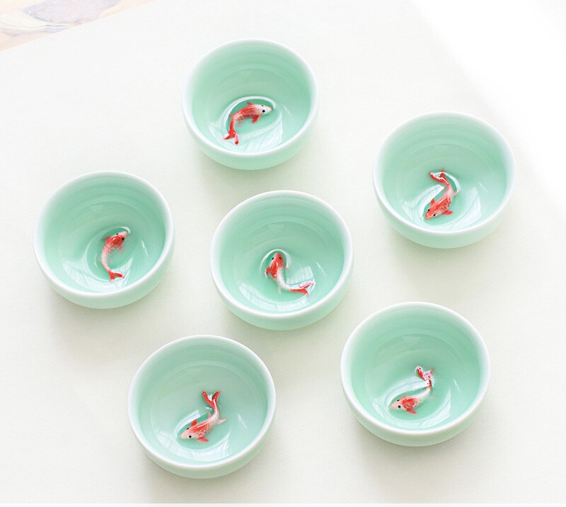 Neue 6 stücke Celadon Goldene Fisch China Tee-einstellen,kung Fu Tee Tasse einstellen Knistern Glasur Reise Tee Schüssel Chinesische Porzellan Teetasse einstellen