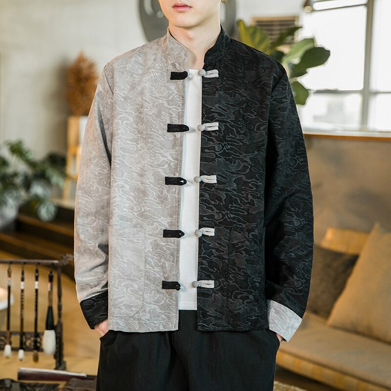 Präge Farbe Block Mantel Traditionelle Chinesische Kleidung Für Herren Jacken Mandarin Kragen Schnalle Seetang-anzug Stilvolle Mäntel