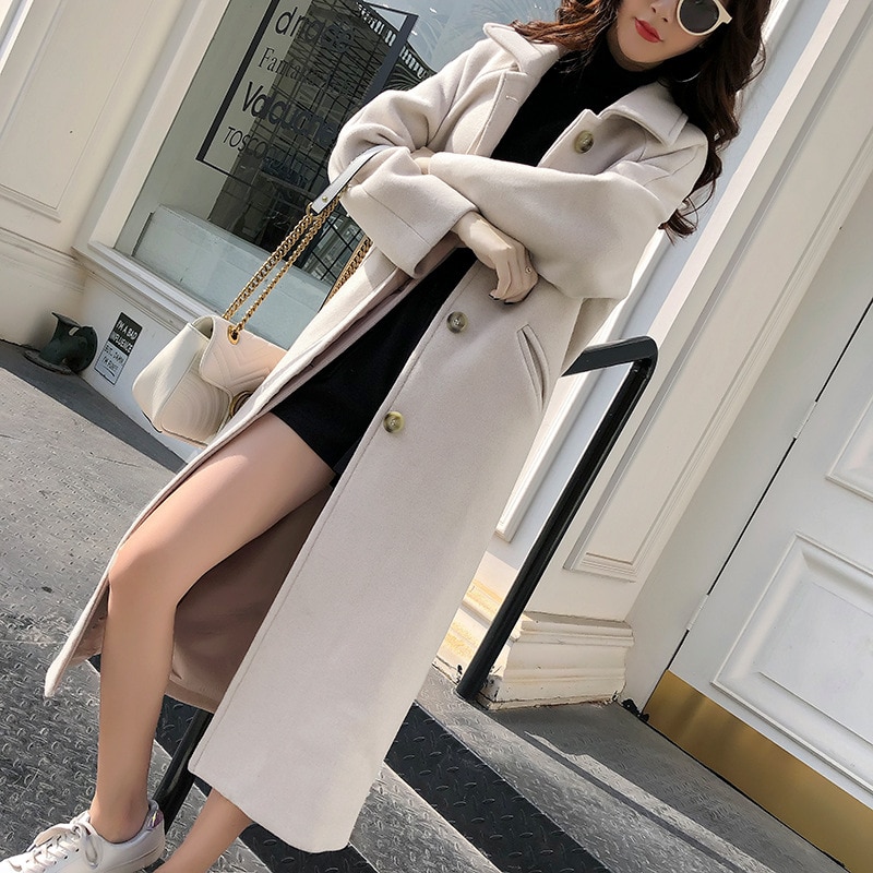 Herbst Winter Wolle Mantel Frauen einreiher Wolle Mantel Damen Schwarze Warme Dünne Feste Mantel Lange Frauen