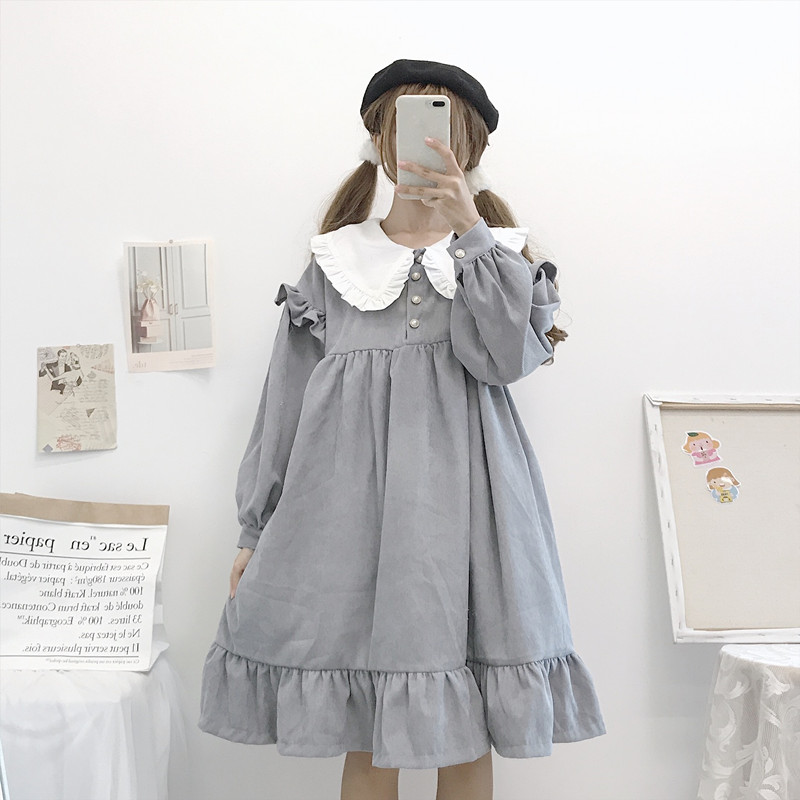 Herbst Winter Lolita tägliche kleid Kawaii neue Japanische süße retro puppe kragen verlieren kräuselte lange-ärmeln kleid
