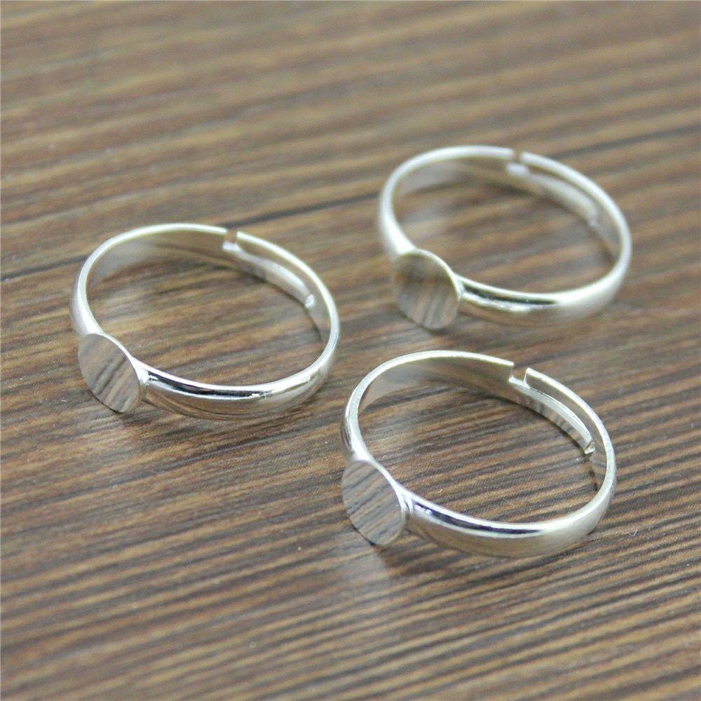10 stücke Ring Einstellungen Einstellbare Ring Einstellungen Basis leer Finger Ring Leerzeichen glänzend Silber Farbe Kupfer Material 6mm Flache