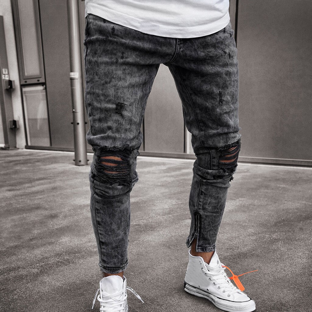 Jeans männer betrübt strecken gerissen Radfahrer Jeans Männer Hüfte hüpfen schlank passen Löcher Punk Denim Jeans Baumwolle Hosen Reißverschluss Jeans L3