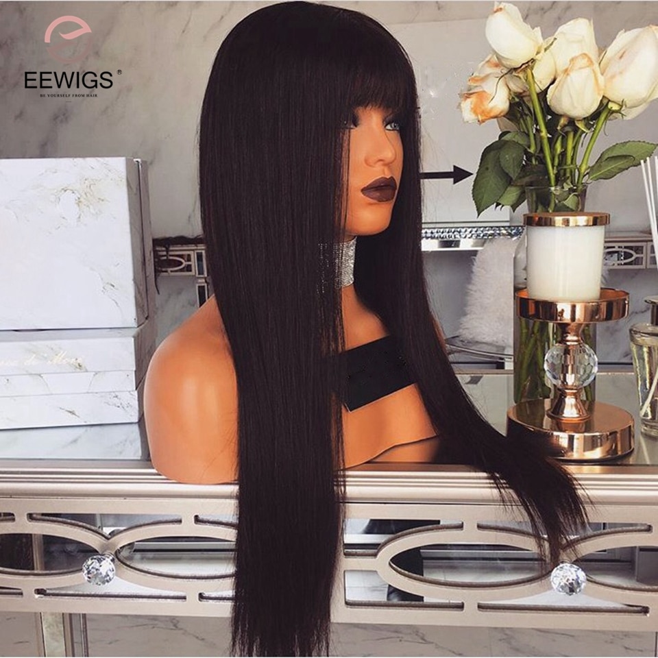 EEWIGS Lange Schwarze Perücke Mit Pony Maschine Gemacht Volle Perücke Glueless Hitze Beständig Gerade Synthetische Perücken Für Schwarze Frauen