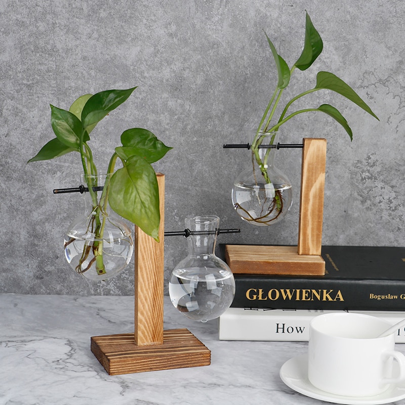 Pflanzer Terrarium Tabelle Schreibtisch Hydrokultur Pflanze Bonsai Blumentopf Hängen Töpfe mit Holz Tablett Glas + Holz Vase Wohnkultur