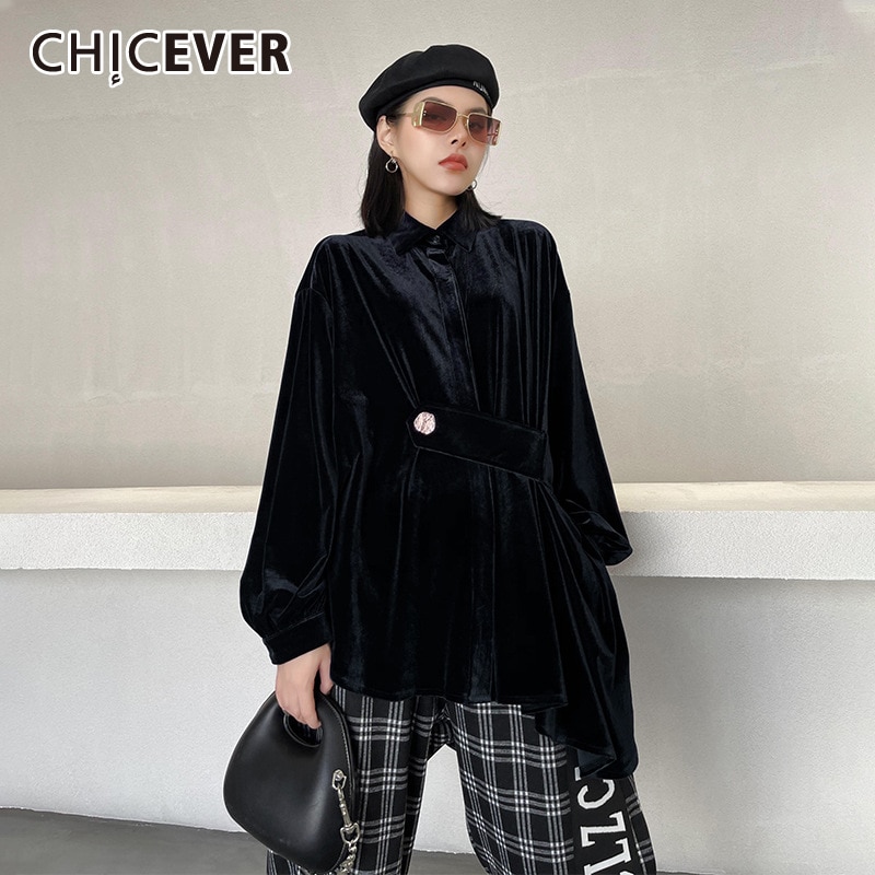 CHICEVER Velours Hemden Für Frauen Revers Lange Hülse Patchwork Spitze hoch verlieren Übergroßen Jahrgang Blusen Weibliche Herbst Kleidung