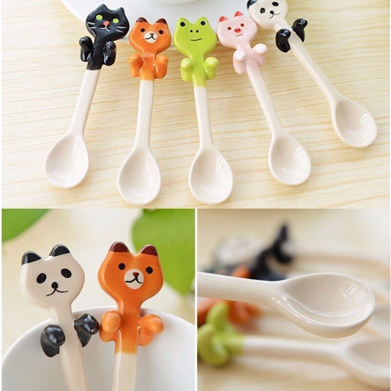 Kawaii Keramik Kaffee Tee Soße Löffel Panda Bär Frosch Katze Ebene bilden Soße Scoop Mischen Rühren Löffel kaffee Scoop mit Clip