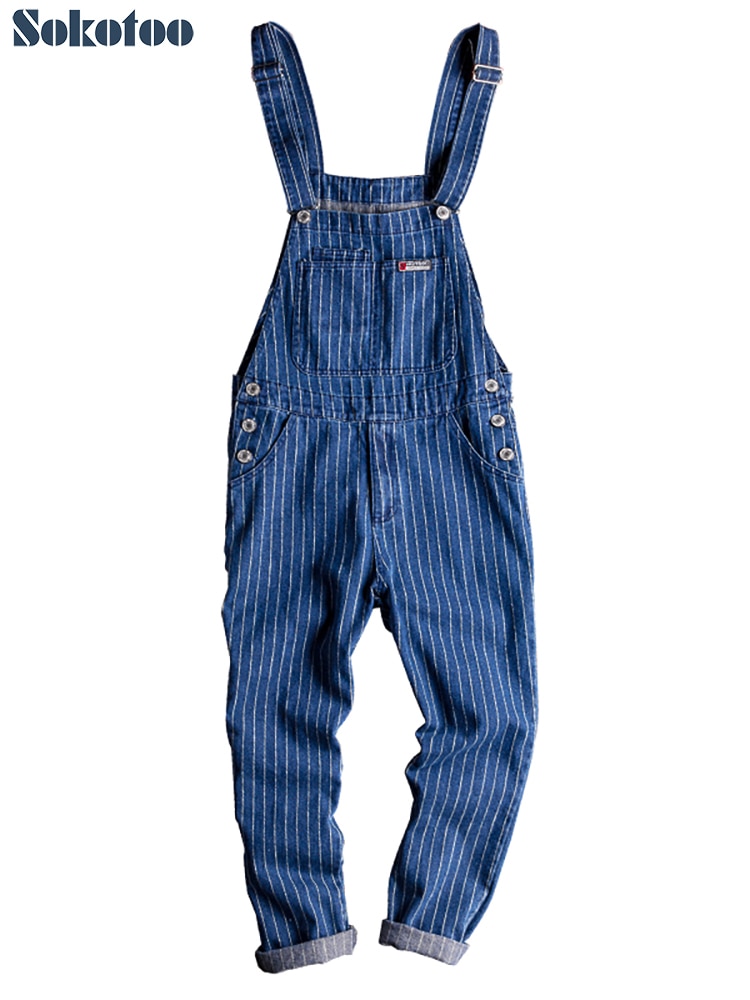 Sokotoo männer streifen gedruckt blau Denim Lätzchen Overall Hosenträger Overall Overall Jugend Jeans