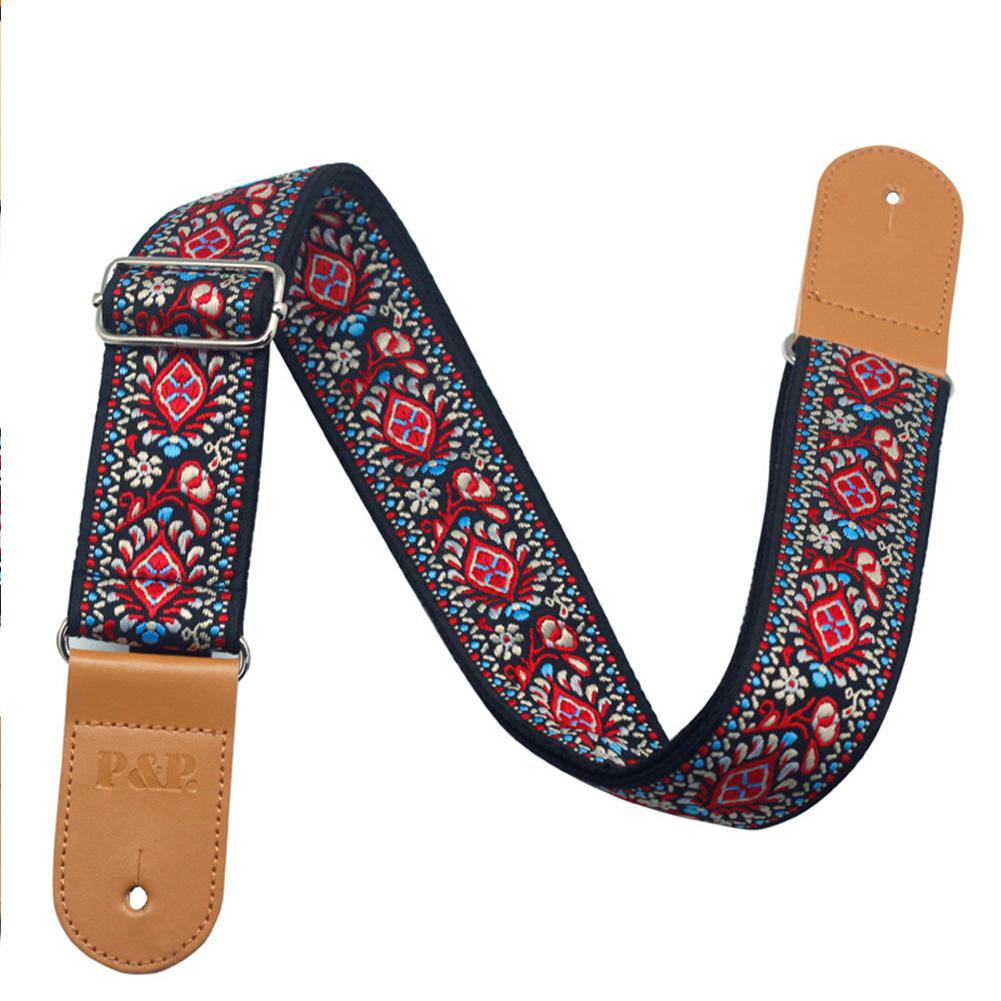 Gitarre Band Bestickt Gürtel Einstellbare Jahrgang Jacquard Band mit Leder Ende für Bass Akustische Gitarre Musical Instrument