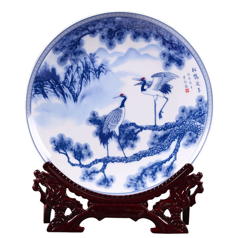 Jingdezhen porzellan hängen platte blau und weiß kiefer kran dekoration platte wohnzimmer haushalt handwerk dekoration