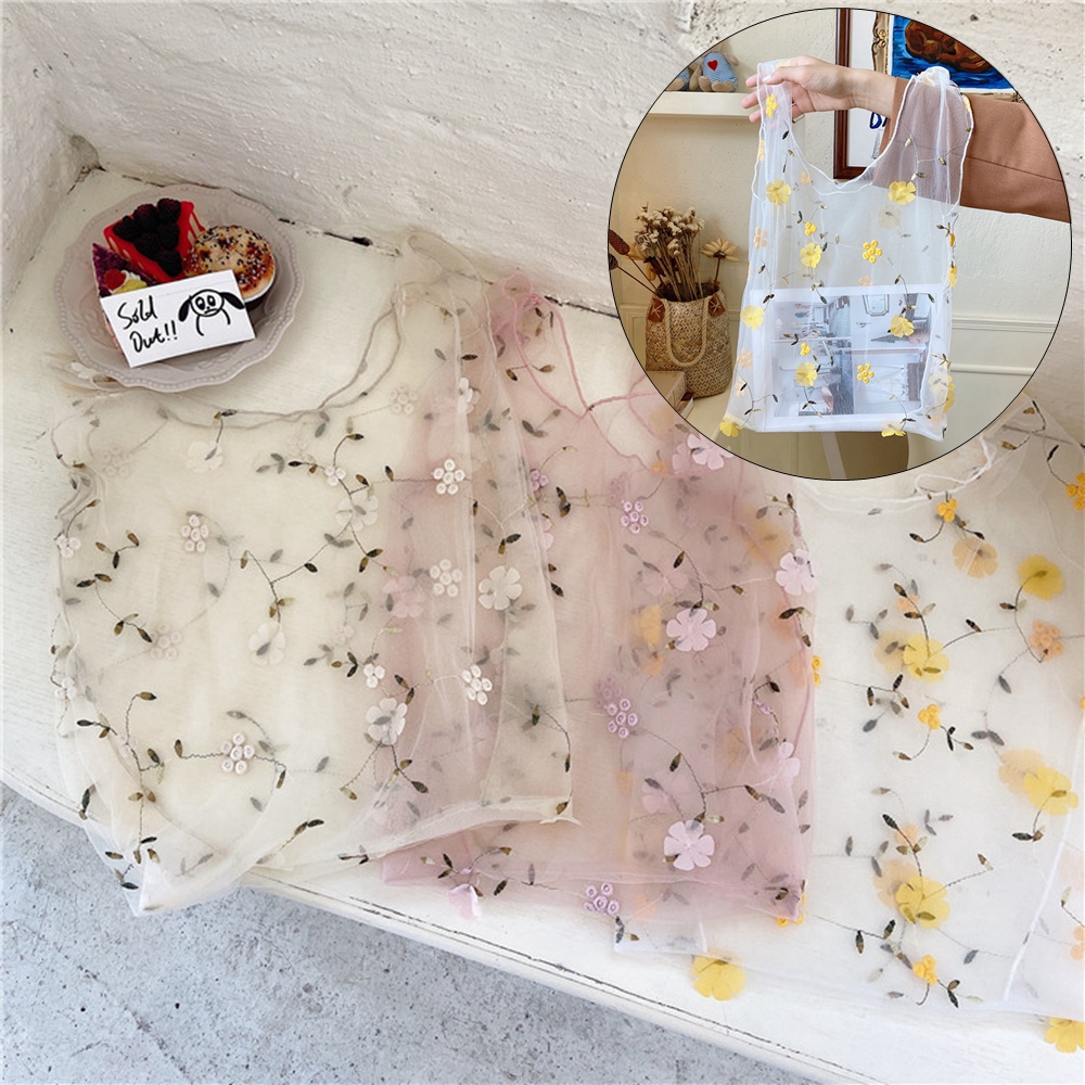 FANLiLi Weibliche Blume Stickerei Hand Tasche Organza lässig Tote Gittergewebe Einkaufen Taschen Frau Handtaschen Frauen Taschen