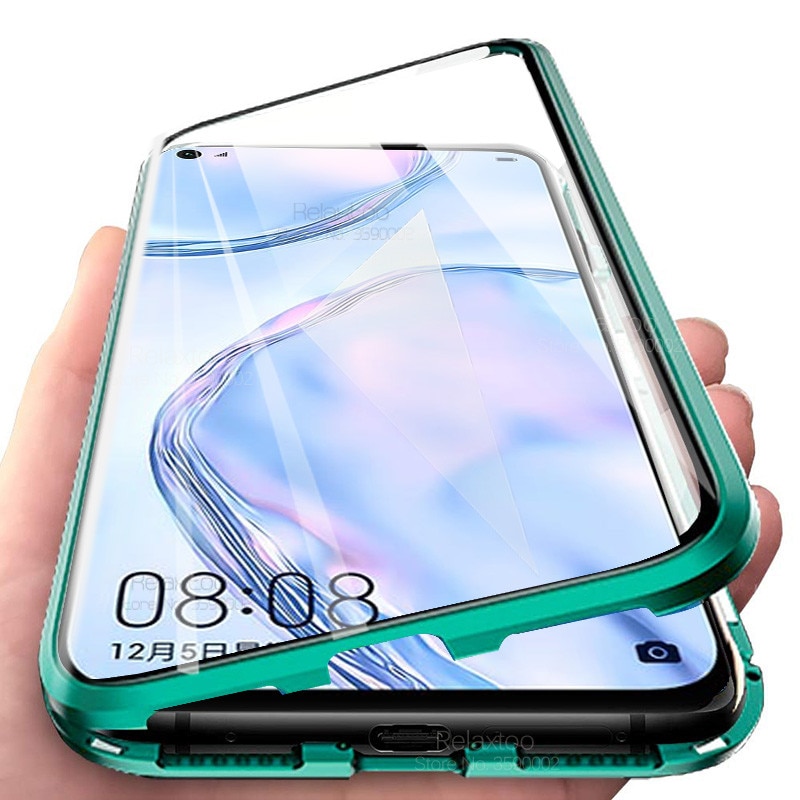 Für huawei p 40 lite fallen 360 ° magnetische kippen Abdeckung für huawei p 40 lite fallen doppelseitige gehärtetem glas metall Stoßstange Coque funda