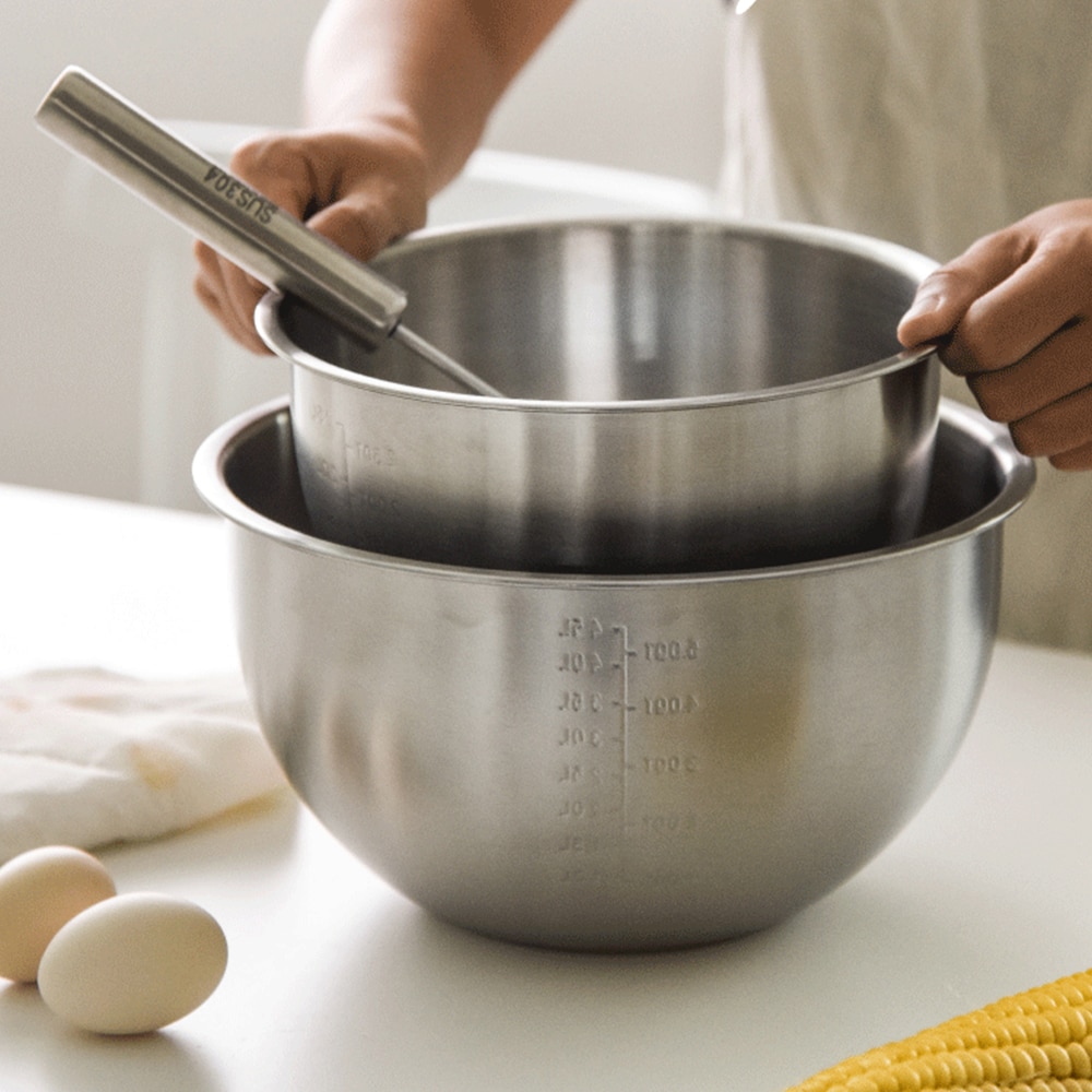 Edelstahl Schalen Mischen Schüssel mit Skala Tiefe Mischen Ei Rollt Küche Metall Schüssel für Backen Salat Kochen Backen Zubehör