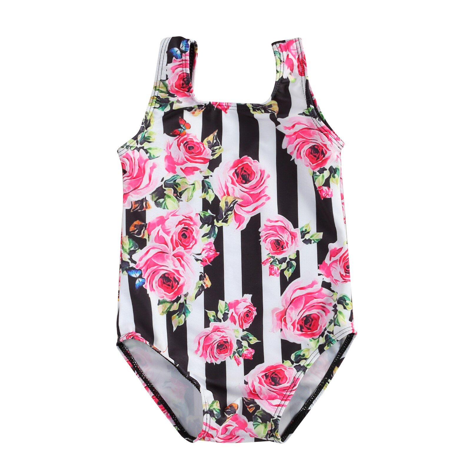Baby freundlicher Kleinkind Mädchen Nette eins-Stück Badeanzug Nette Gestreifte Rose Blume Drucken ärmellos Badeanzug Lässig Bademode Sommer
