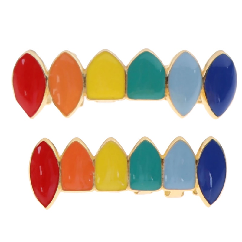 Gold Regenbogen Zähne Grillz oben & Unterseite Bunte grillen Zahn Halloween Vampir Zähne