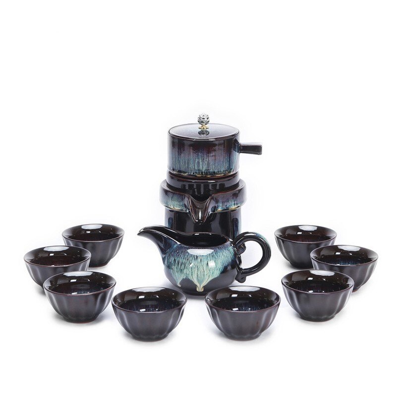 retro Keramik Kung Fu Tee-einstellen Teegeschirr Teekanne Teetasse Stein Mühle Tee Hersteller Farbe Sand Gold Glasur Haushalts Tee-einstellen von 6