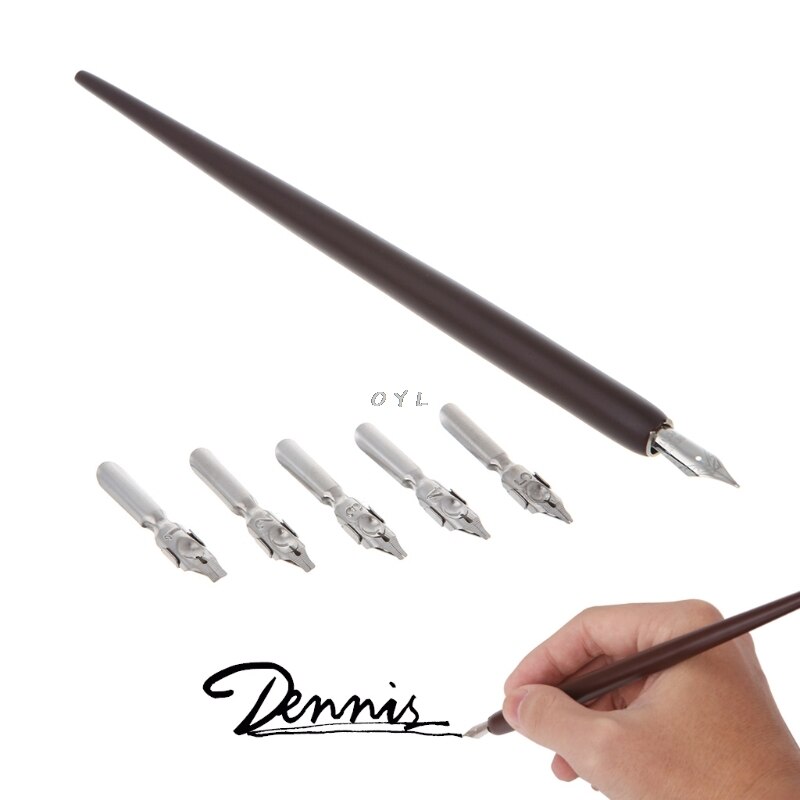 Holz Englisch Kalligraphie Stift Kupfer Skript Schräge tauchen Stift Halfter + 5 Feder