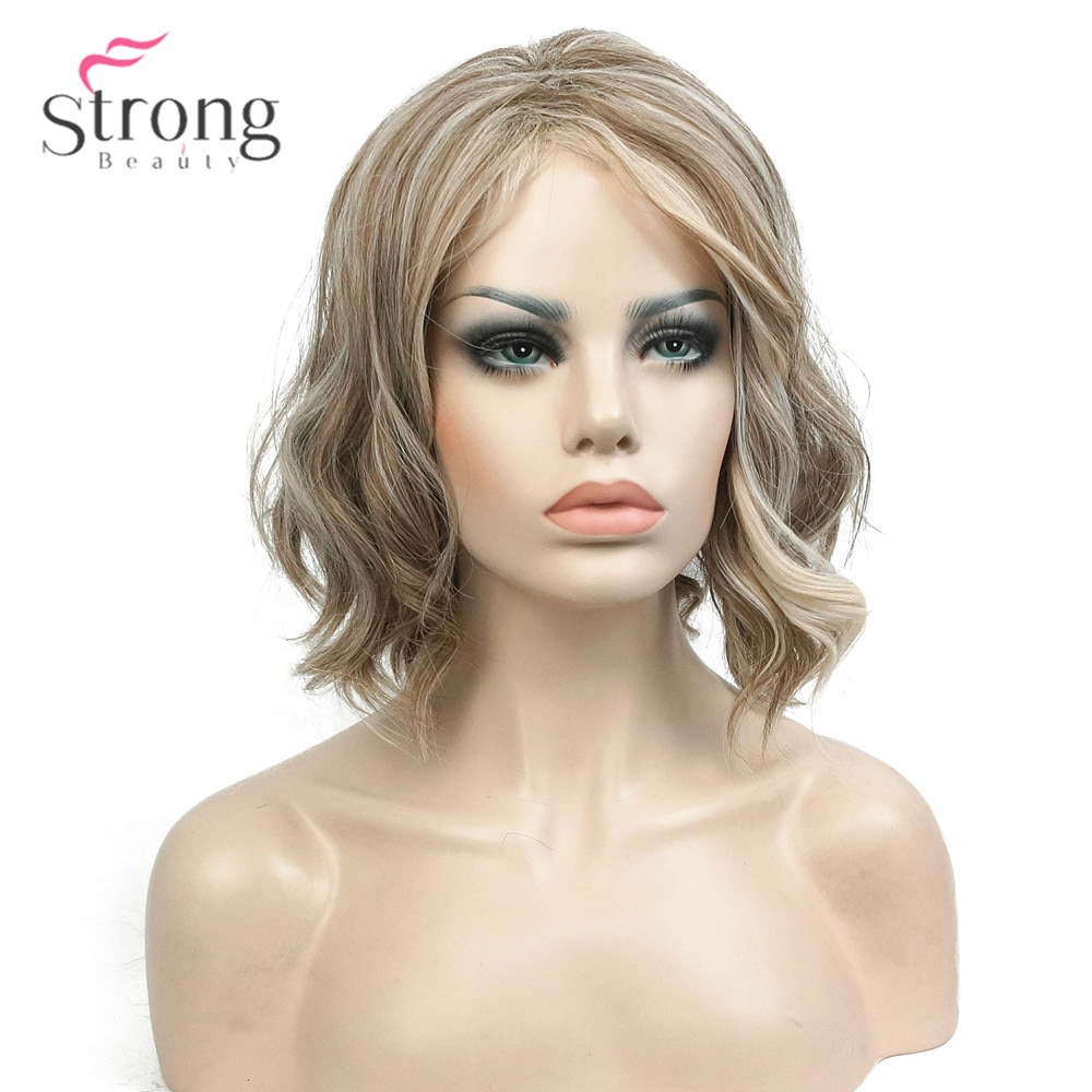StrongBeauty Frauen Synthetische Perücke Mittel Länge Lockige hell golden Hervorgehoben/Balayage Haar Natürliche Perücken