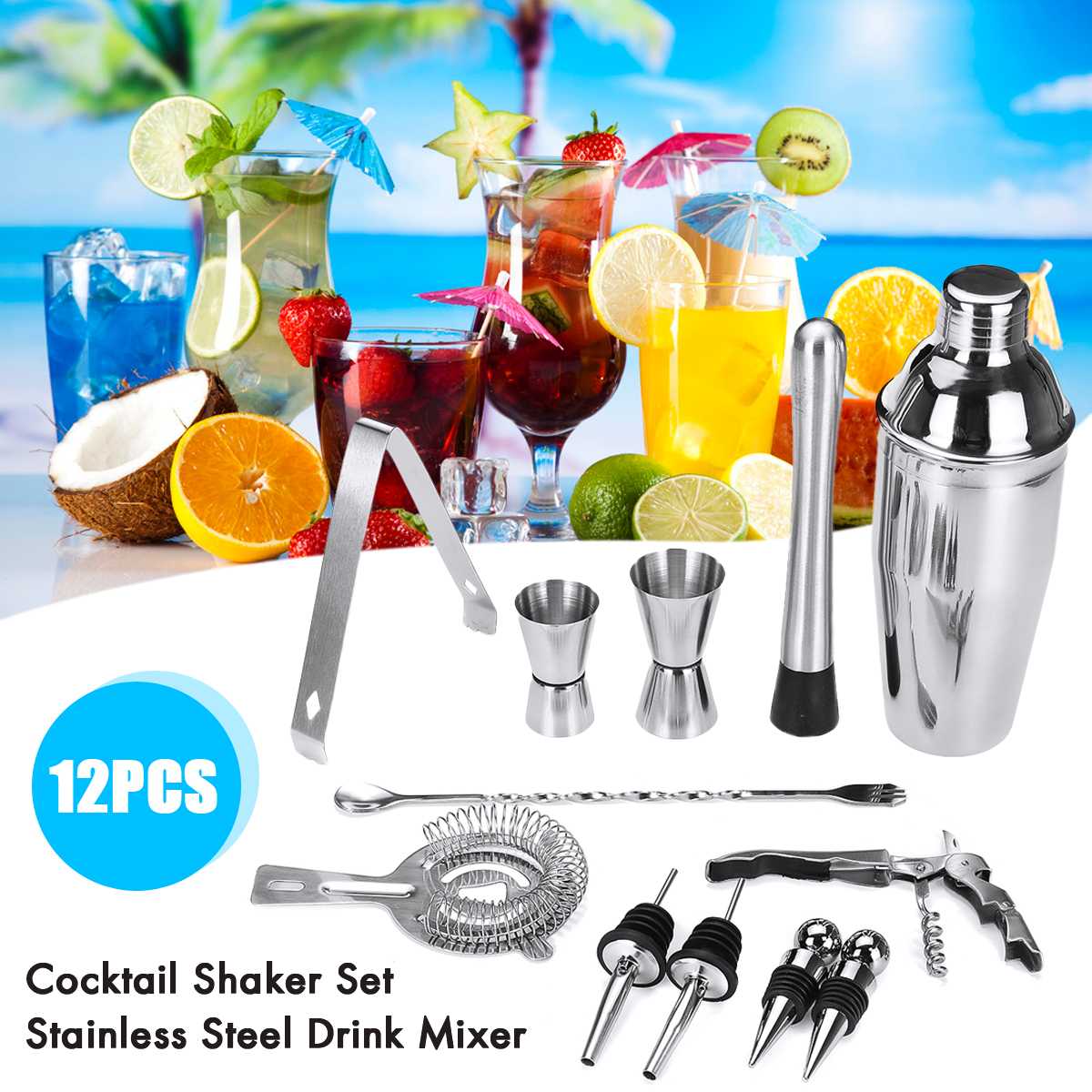 NEUE 12Stck Edelstahl Cocktail Shaker Eis Tong Rührgerät Trinken Boston Barmann Browser Bausatz Riegel einstellen Professionelle Barkeeper Werkzeug