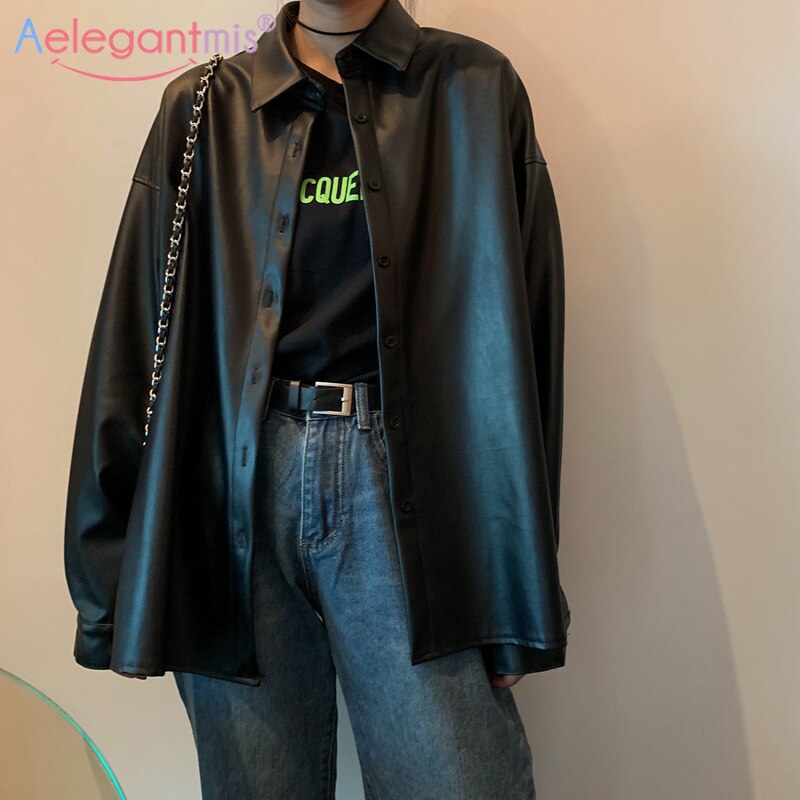 Aelegantmis Übergroßen Faux Leder Hemden Frauen Pu verlieren Motorrad lässig Blusen Jahrgang Freund Schwarz Oberbekleidung Streetwear
