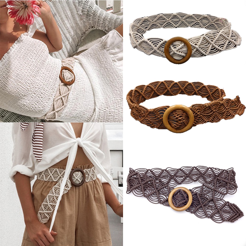 Boho Stil Wachs Seil Strick Gürtel Runde Holz Schnalle Handgemachte Geflochtene Weibliche Gürtel Lässig khaki Gürtel Solide Taille Gürtel Für frauen