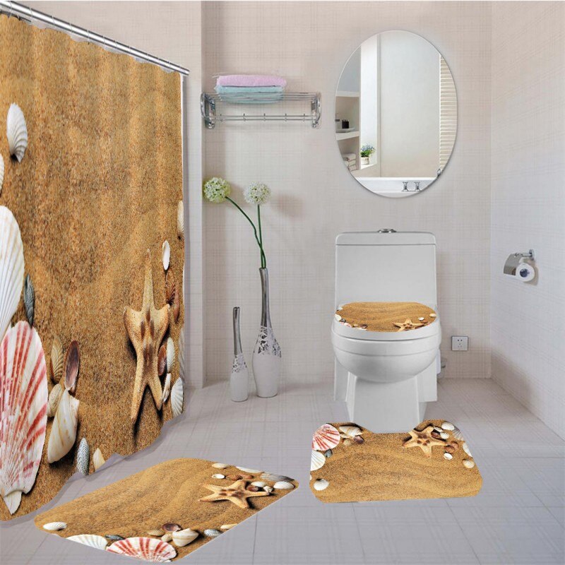 Sommer Strand Schlecht Vorhang einstellen Ozean Hülse Seesterne Druck Dusche Vorhang Wc Deckel Abdeckung Anti Unterhose Schlecht Teppiche 4 stück