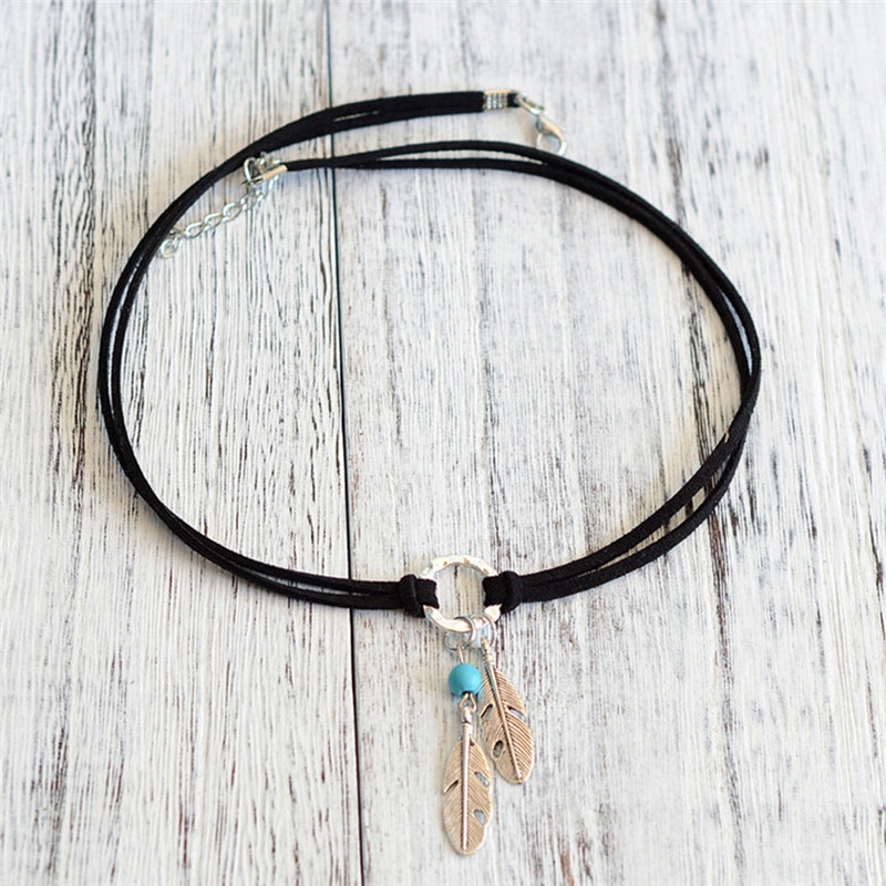 Schmuck Halsband Schwarz Braun Leder Halsband Halskette Antike Silber Farbe Feder bilden Charme Bohemien Kette Halskette
