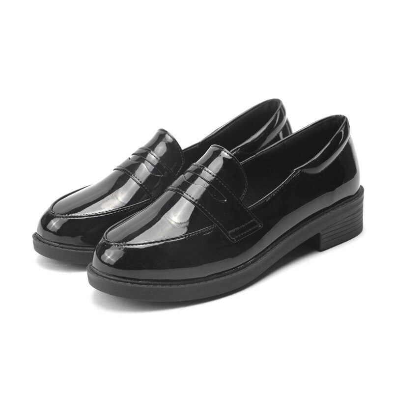 fest Schwarz Leder Oxfords Frauen Schuhe Unterhose auf Damen Schuhe Lippen Platz niedrig Fersen Plattform Schuhe Plus Größe Wohnungen Schuhe frau