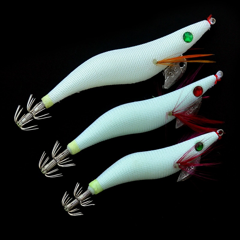 leuchtend Tintenfisch Vorrichtungen 1 Stück Weiß glühen Holz Garnelen mit Krake Tintenfisch Jig Haken Tintenfisch Angeln Locken Größe 2.5 #3.0 #3.5 #