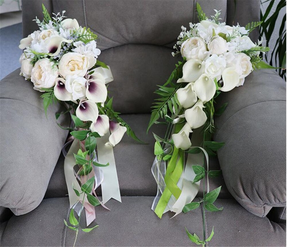 Künstliche Wasserfall Braut Boquet Künstliche Blumen Strauß Braut Bruidsboeket Lila Calli Lilie Kaskadierung Hochzeit Strauß