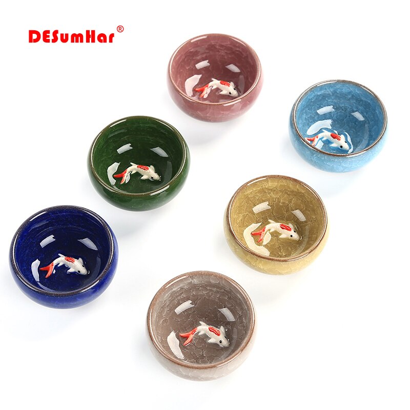 6 stücke Keramik 3D Goldene Fisch China Tee tasse einstellen, knistern Glasur Reise Tee Schüssel Chinesische Porzellan Teetasse setzt Kung Fu Tee-einstellen